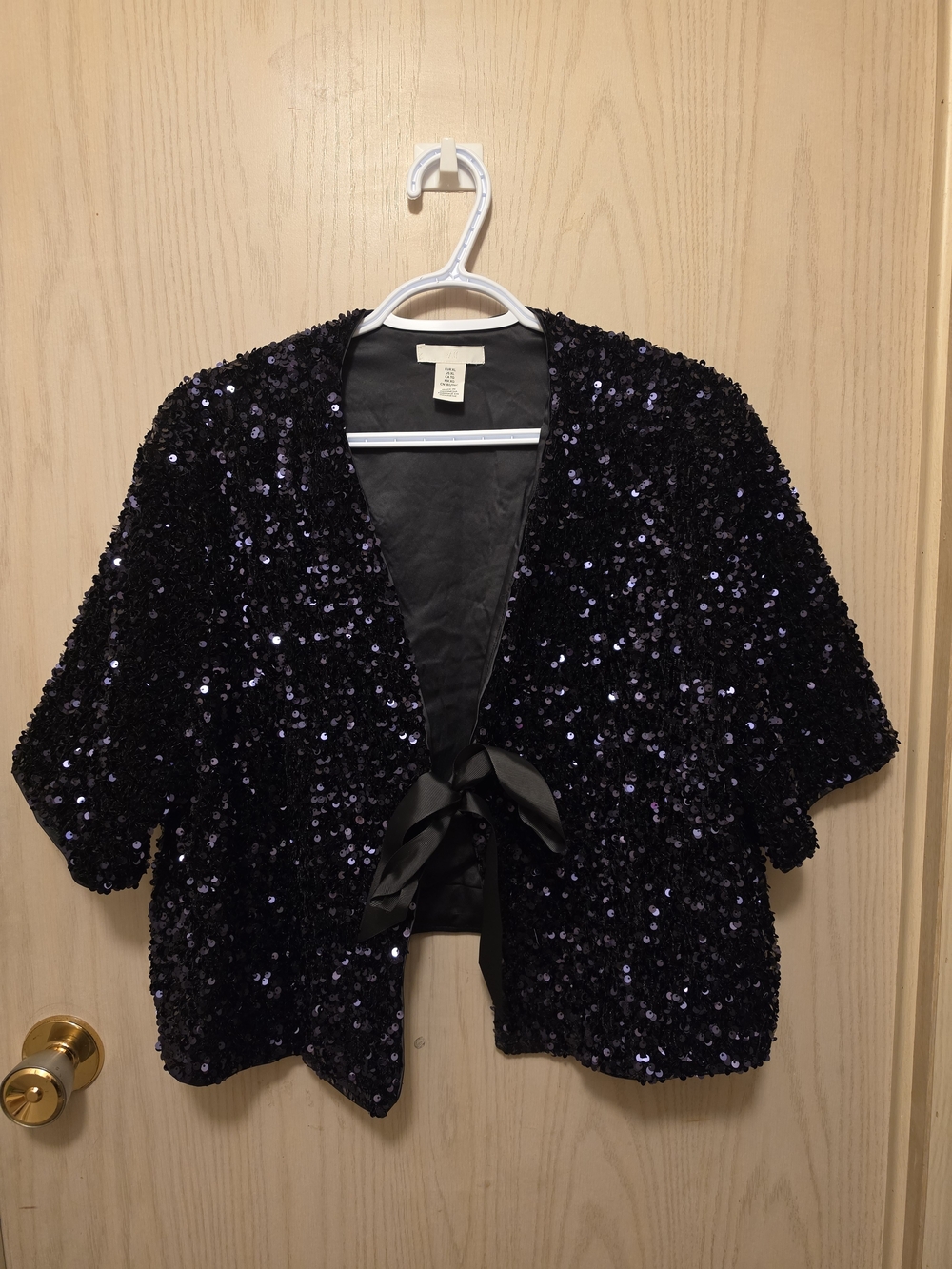 H&M Black Sequin Tie-Front Cropped Jacket